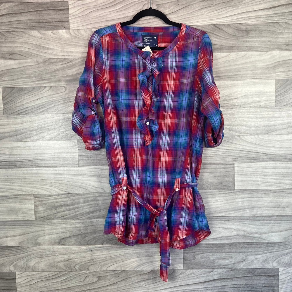 American Eagle Outfitters Blouse Women's Size 14 Blue Red Plaid Belted Ruffled
